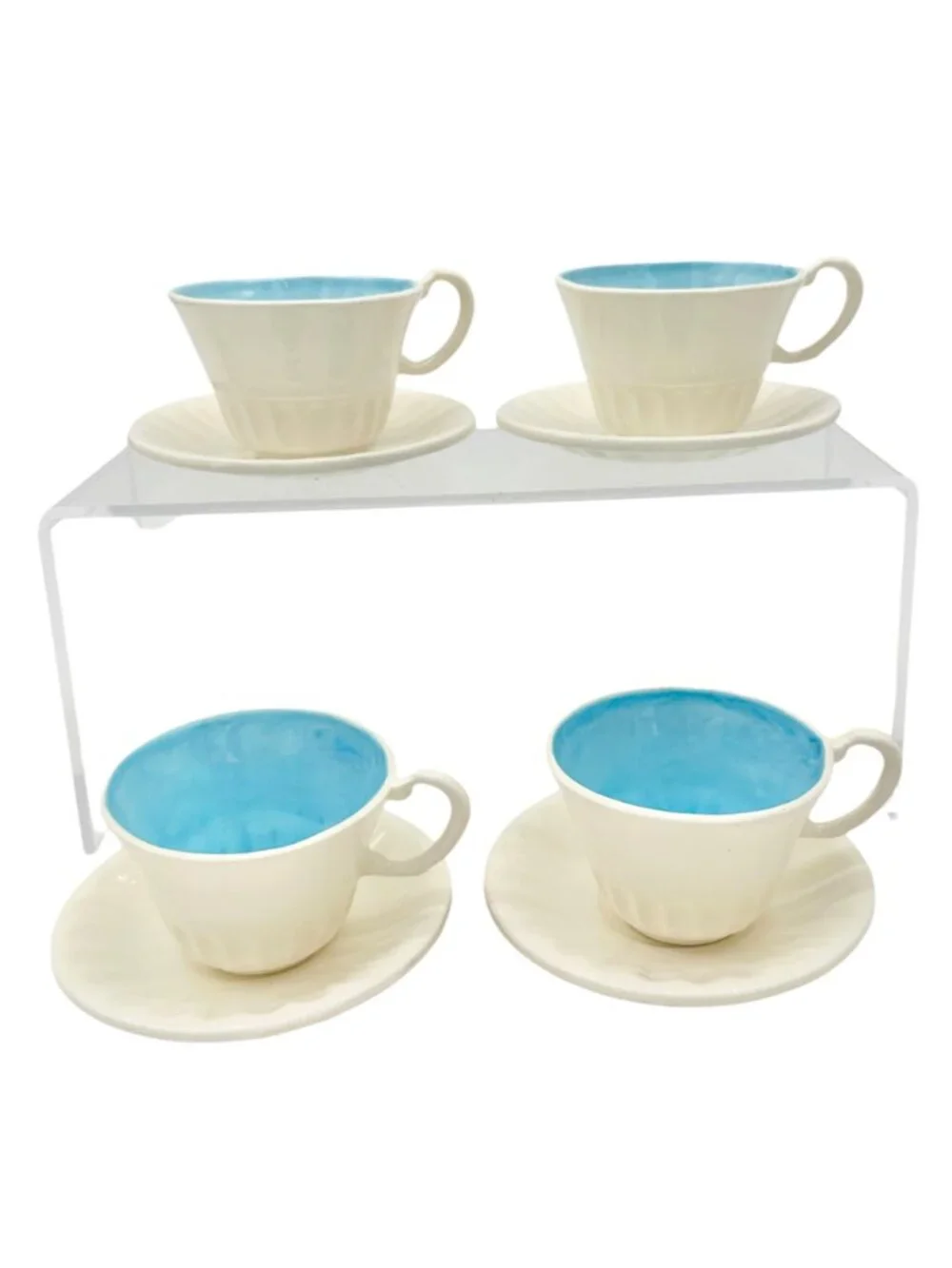 Childrens 17 Piece Ceramic Tea Set With Blue Interiors and White Exterior Design